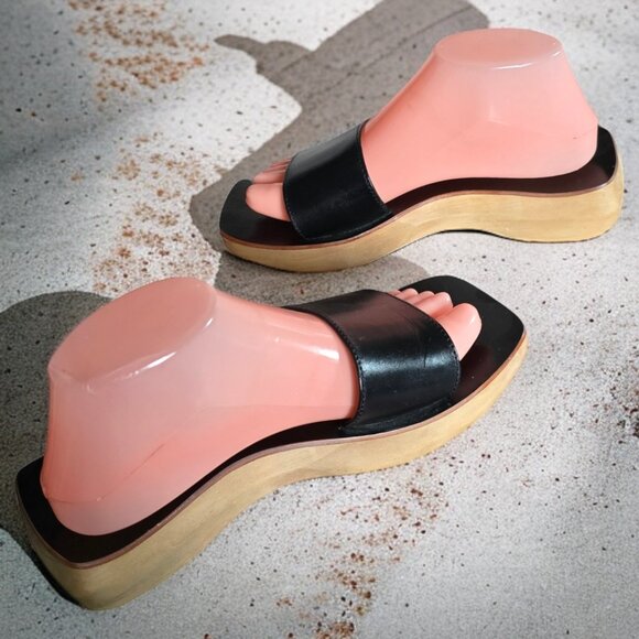 NEW MANGO MNG ( 7.5 ) Black Bovine Leather Wood Square Toe Asymmetric - Picture 7 of 9